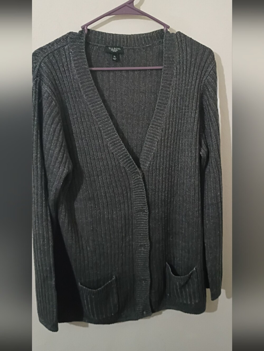 Talbots Linen Charcoal Ribbed Open-Front Cardigan